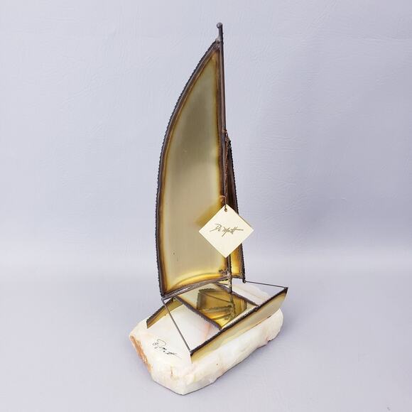 Vintage 70s DeMott Brass Sailboat Sculpture Signed Brass Sail Boat/Gem Rock Base - Picture 1 of 10